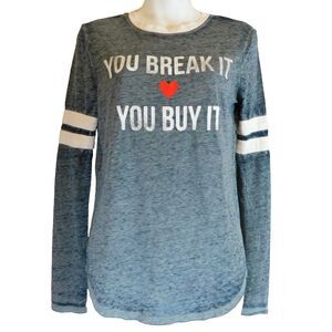 Modern Lux Women's Small Burnout L/S Knit Graphic Tee Blue-Gray Light Weight NWT